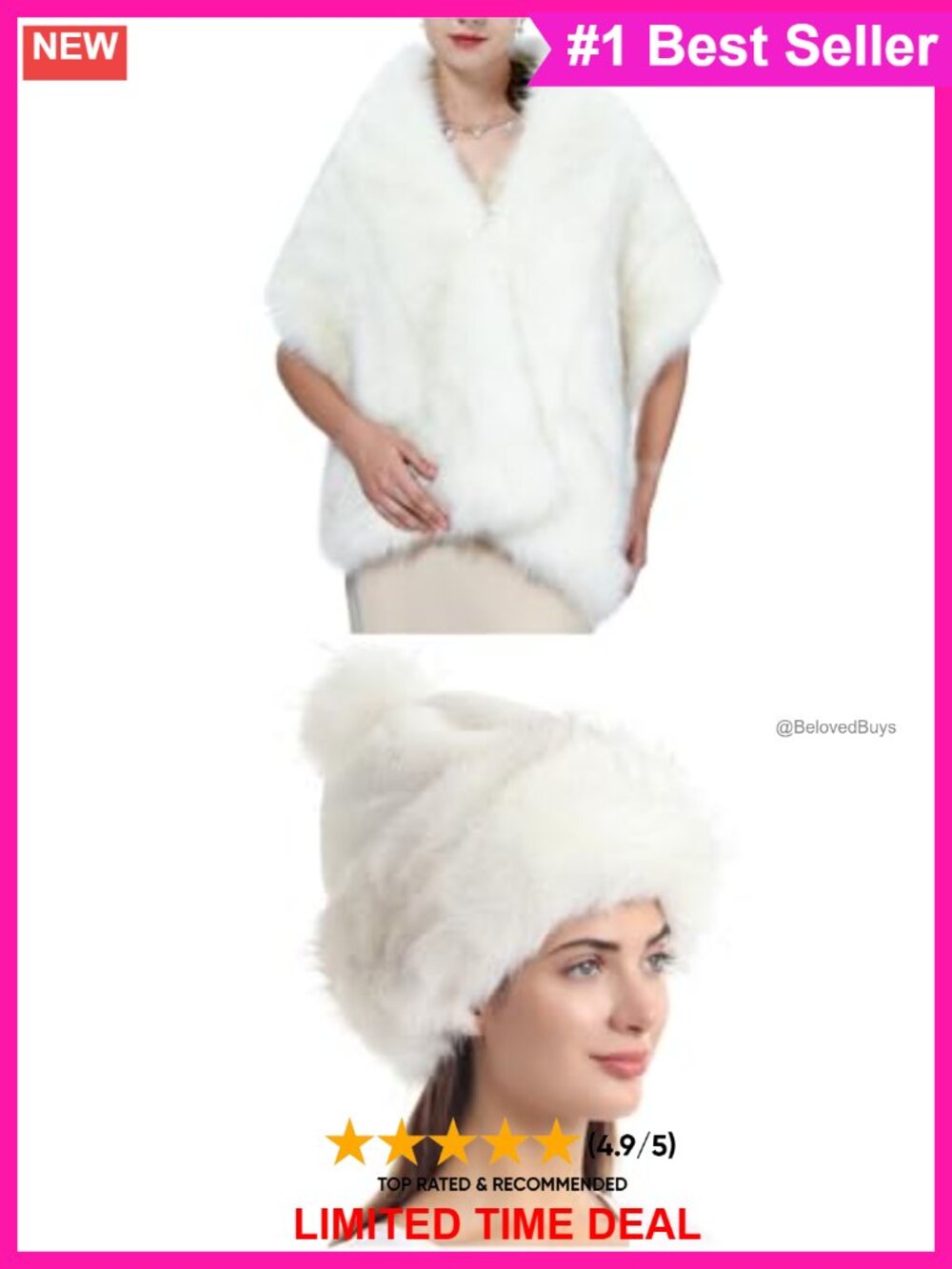 Faux Fur Long Shawl & Hat Set Quilted Lined Cosplay Costume